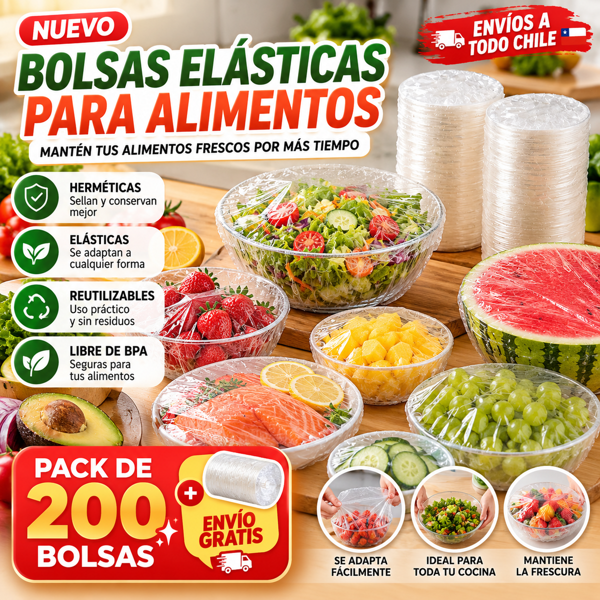 PACK 200 BOLSAS ELÁSTICAS CUBRE ALIMENTOS