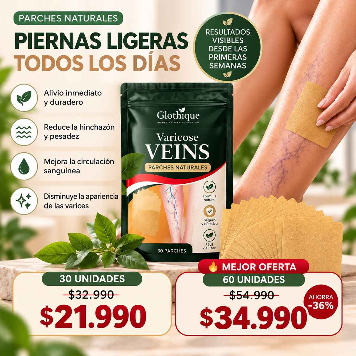 24 Parches de Acción Rapida para Varices y Piernas Cansadas