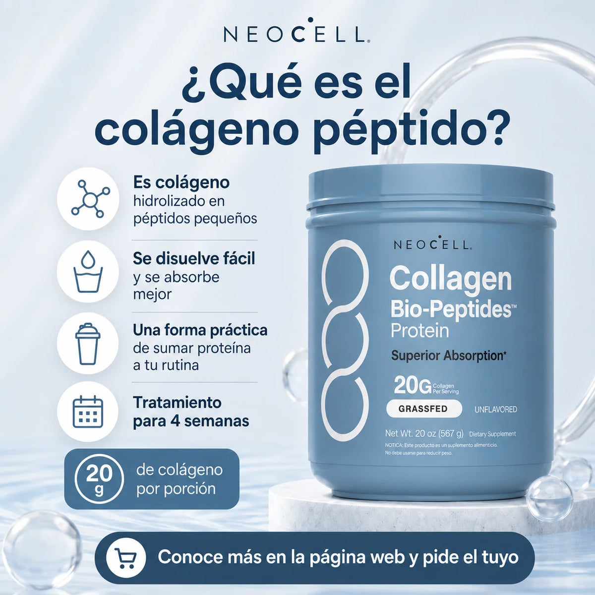 NeoCell™ | Colágeno Hidrolizado Grass-Fed 567 g | Sin sabor · 20 g de colágeno y 18 g de proteína
