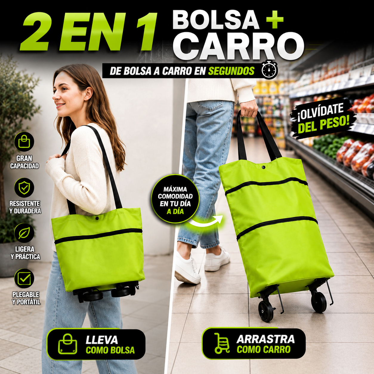 Bolso Feria Plegable Con Ruedas | 2 en 1