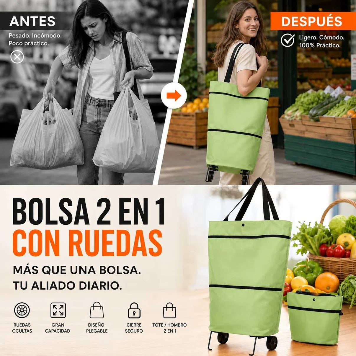Bolso Feria Plegable Con Ruedas | 2 en 1